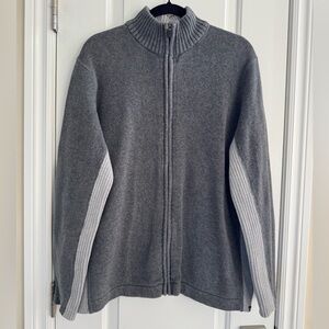 Eddie Bauer Knit Sweater Men XL Gray Cotton Full Zip Mock Neck Ribbed Classic